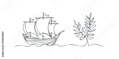 Sailboat with Plant Drawn in Continuous Line Style