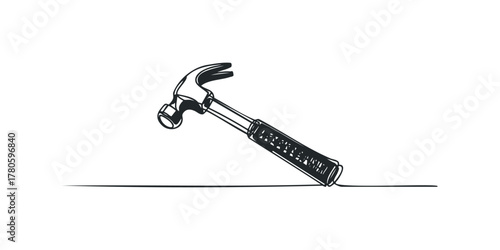 Single line drawing of a hammer tool on a line