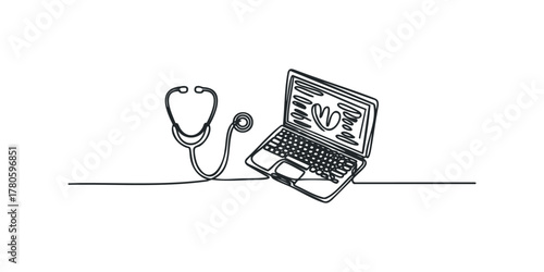 Stethoscope and laptop with heart icon