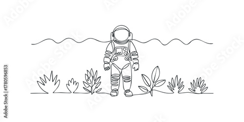Single Line Drawing of Astronaut Standing in Alien Landscape