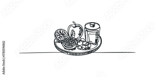 Continuous line drawing of fruit and juice on a platter