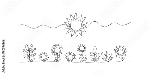 Continuous line drawing of sun and floral garden elements