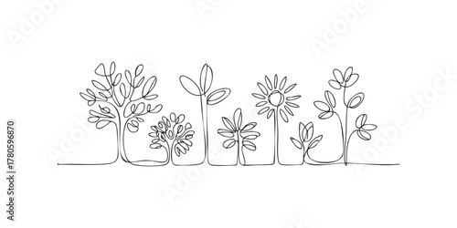 Continuous line drawing of stylized trees and flowers