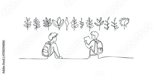 Two students with backpacks reading outdoors amidst foliage drawings