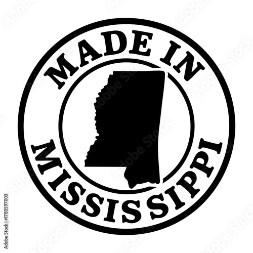 vector round stamp with bold black outline and mississippi state silhouette inside circular frame text made in mississippi minimal patriotic badge for packaging label print t shirt branding