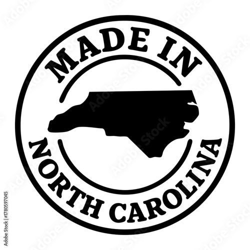 vector round stamp with bold black outline and north carolina state silhouette inside circular frame text made in north carolina minimal patriotic badge for packaging label print t shirt branding