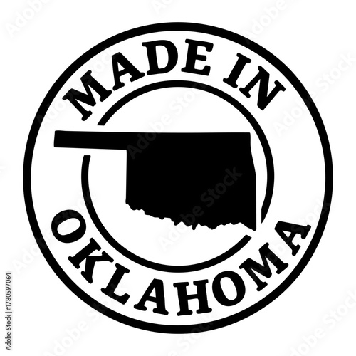 vector round stamp with bold black outline and oklahoma state silhouette inside circular frame text made in oklahoma minimal patriotic badge for packaging label print t shirt branding