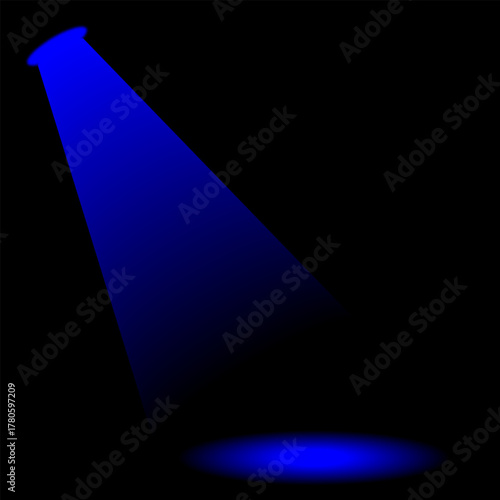 Realistic colorful light spotlight beam shining brightly in a dark background with reflection on floor