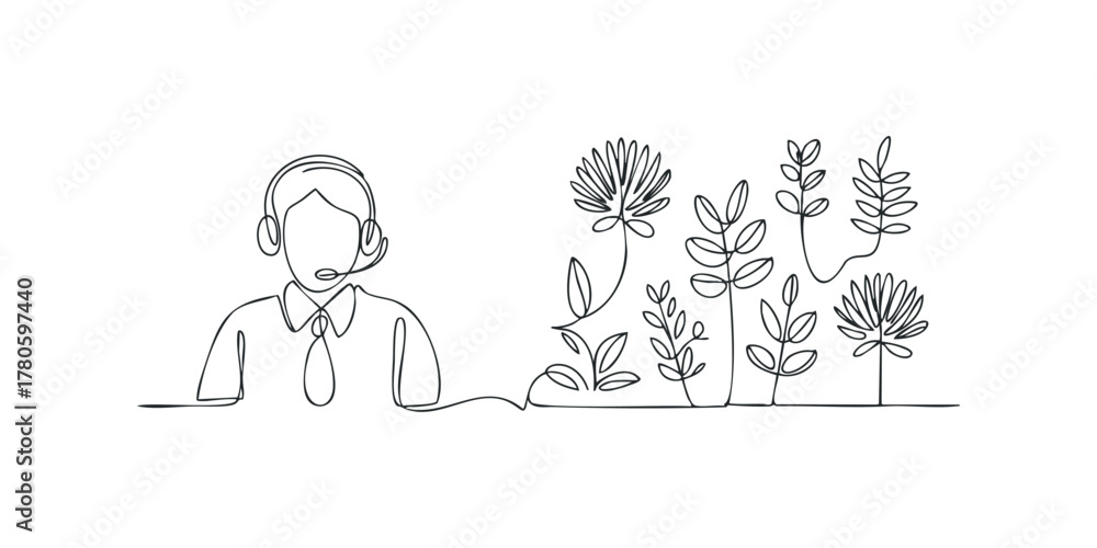 Obraz premium Continuous Line Drawing of Person Wearing Headset and Floral Elements