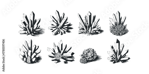 Collection of eight hand-drawn crystalline mineral formations