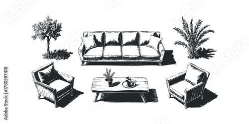 Sketch of a modern living room furniture set with plants