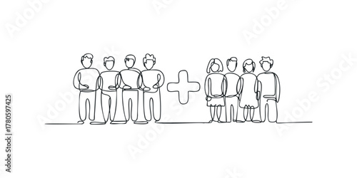 Continuous Line Drawing of Diverse Group and Plus Symbol