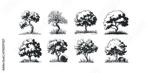 Collection of eight stylized trees with detailed foliage and trunks