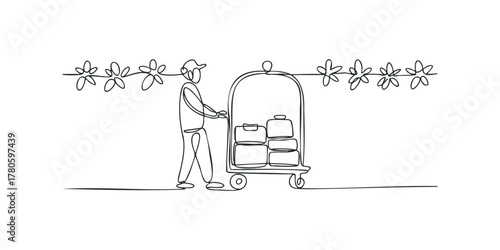 Person Pushing Luggage Cart with Floral Border Line Art