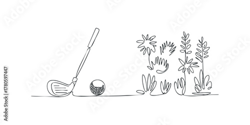 Golf club and ball on grass line art