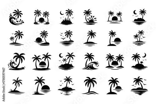 Tropical Paradise Set Silhouette Palm Trees on Islands with Sun, Birds, and Waves Vector Icons