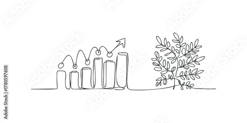 Single Line Graph Showing Growth Beside Flourishing Plant
