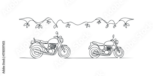 Line art of two vintage motorcycles with decorative border