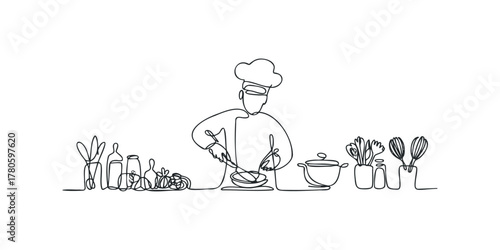 Chef Cooking in Kitchen with Utensils and Pots