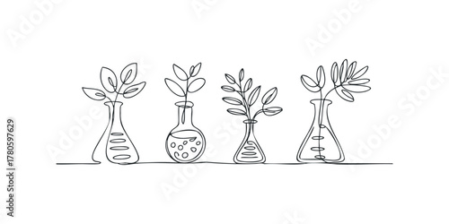 Four plant sprouts in laboratory flasks with one continuous line