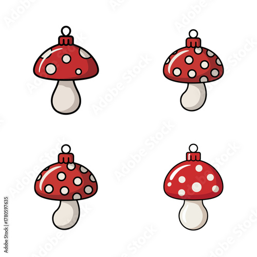 Set of four cute cartoon-style red and white spotted mushroom ornaments with white stems, perfect for holiday decorations and whimsical designs
