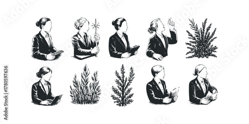 Business people examine plants and hold documents