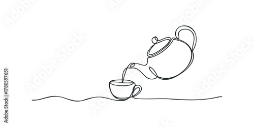 Continuous line drawing pouring liquid from teapot into cup