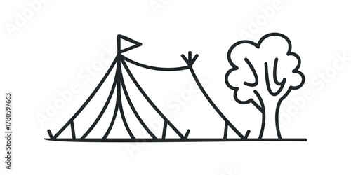 Hand drawn outline of a tent and tree on white
