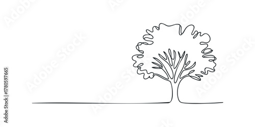 Minimalist line drawing of a solitary tree with textured foliage