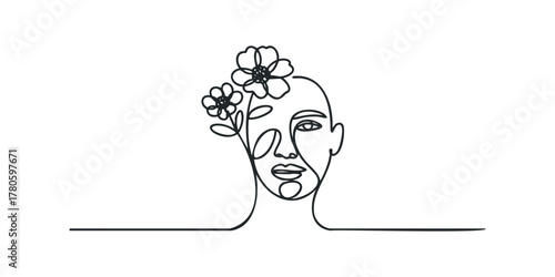 Minimalist single line abstract female portrait with floral elements