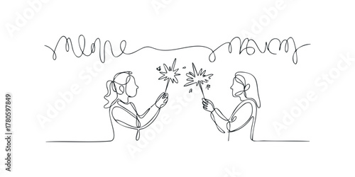 Two abstract figures celebrate with sparklers against a white background