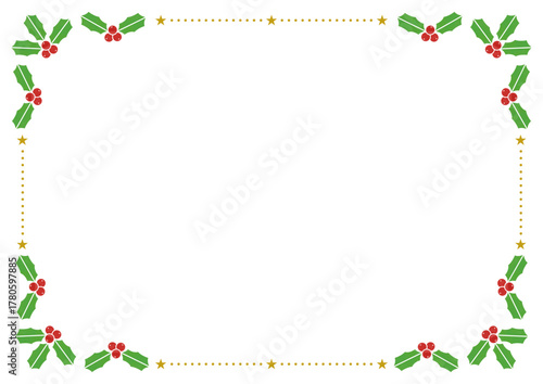 ヒイラギと星のフレーム　クリスマス　ベクター　イラスト