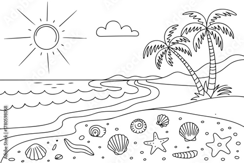 Coloring Page Relaxing Beach Scene with Palm Trees, Sun, Waves, and Seashells in a Simple Black and White Line Art