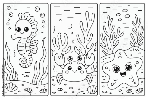 Adorable Aquatic Coloring Page Set Seahorse, Crab & Starfish for Kids' Creative Fun