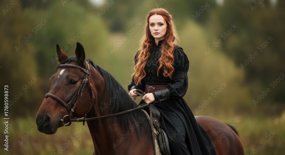 Obraz premium A striking red-haired woman in black medieval attire majestically rides her brown horse in a fantasy epic.