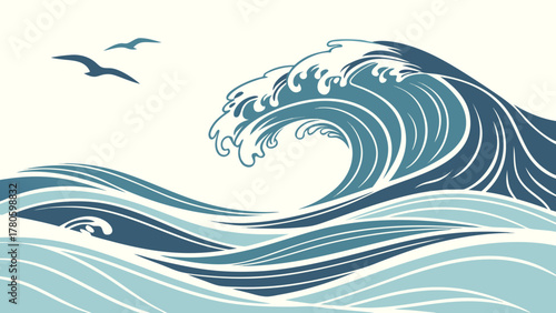 Stylized illustration of a large ocean wave with seagulls
