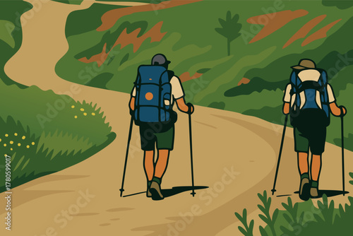 Hikers walking on trail with backpacks and trekking poles