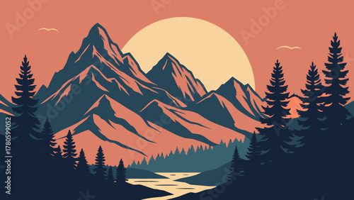 Mountain landscape with trees and river at sunset in vector format