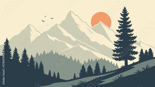 A serene mountain landscape with pine trees and a warm sunset view