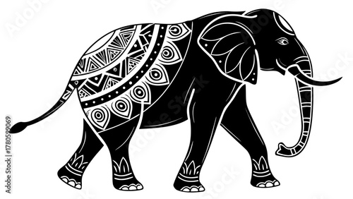 Black and white elephant with tribal patterns