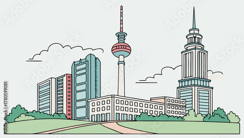 Illustration of a cityscape with tall buildings and a television tower