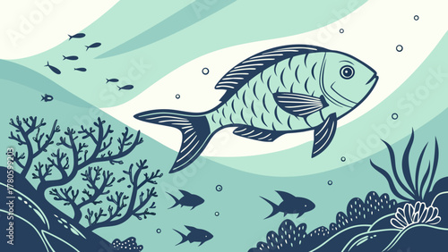 Photography Illustration of a large fish swimming in the ocean with coral reefs