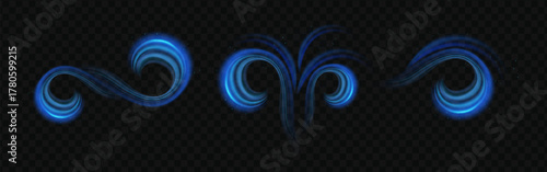 Set of fresh blue air flow and wind effect with clean cold light waves and glowing lines.
