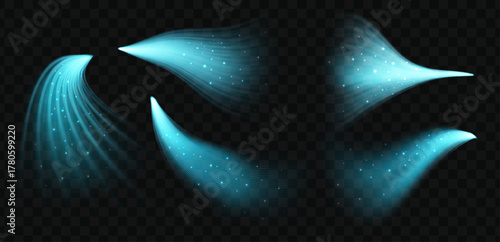 Fresh blue air flow and wind effect with clean cold light waves, glowing particles, and luminous lines on a black background. 