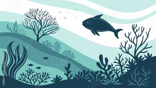 Illustration of a fish swimming in the ocean with coral and seaweed