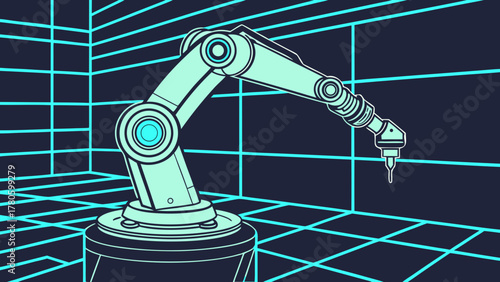 Robotic arm in a futuristic grid environment