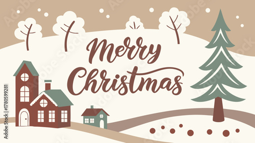 A charming christmas scene with houses, trees, and the words merry christmas