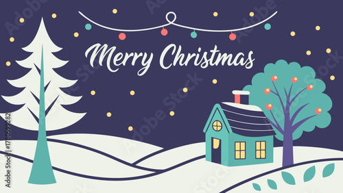 Merry christmas scene with house, tree, and lights