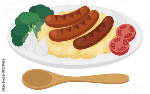 Delicious Sausages with Mashed Potatoes and Vegetables Meal on a Plate Overhead Shot