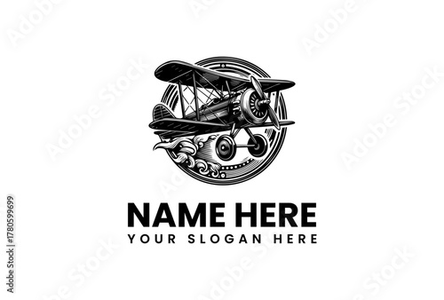 Vintage Biplane Airplane Logo Design with Circular Emblem for Aviation Business